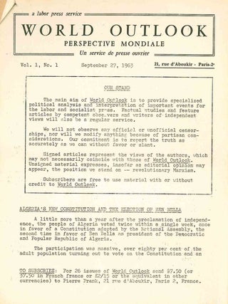 World Outlook: Perspective Mondiale. Un Service de Presse Ouvrier/A Labor Press Service. Vol. I, No. 1 (27 September 1963) through Vol. VI, No. 16 (26 April 1968).