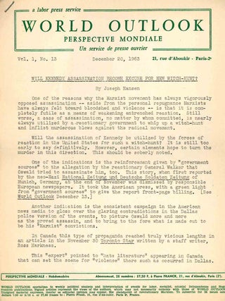 World Outlook: Perspective Mondiale. Un Service de Presse Ouvrier/A Labor Press Service. Vol. I, No. 1 (27 September 1963) through Vol. VI, No. 16 (26 April 1968).