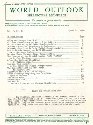 World Outlook: Perspective Mondiale. Un Service de Presse Ouvrier/A Labor Press Service. Vol. I, No. 1 (27 September 1963) through Vol. VI, No. 16 (26 April 1968).