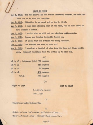 Small Collection of Typed Documents Containing Translations of Japanese POW Diaries and Japanese Military Operations Orders.