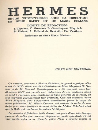 Hermès. Revue trimestrielle d'études mystiques et poétiques. Later subtitle: Mystique - Poesie - Philosophie. 1ère série, No. 1 (Juin 1933) through 3ème série, No. e (November 1939).